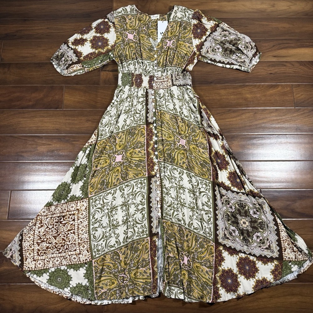 Talisman Women's Size Large Paisley Garden Halo V Neck Midi Maxi Dress